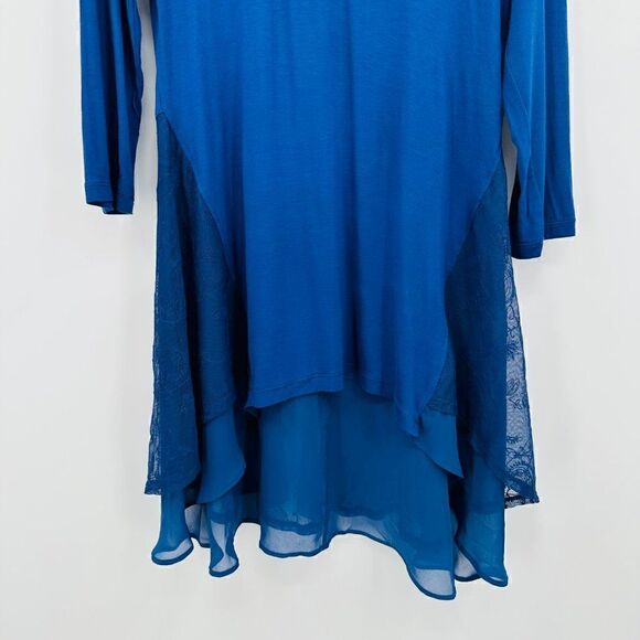 LOGO Lori Goldstein Size XS Navy Blue Lace Back Stretch Tunic Top 3/4 Sleeve - Picture 3 of 8